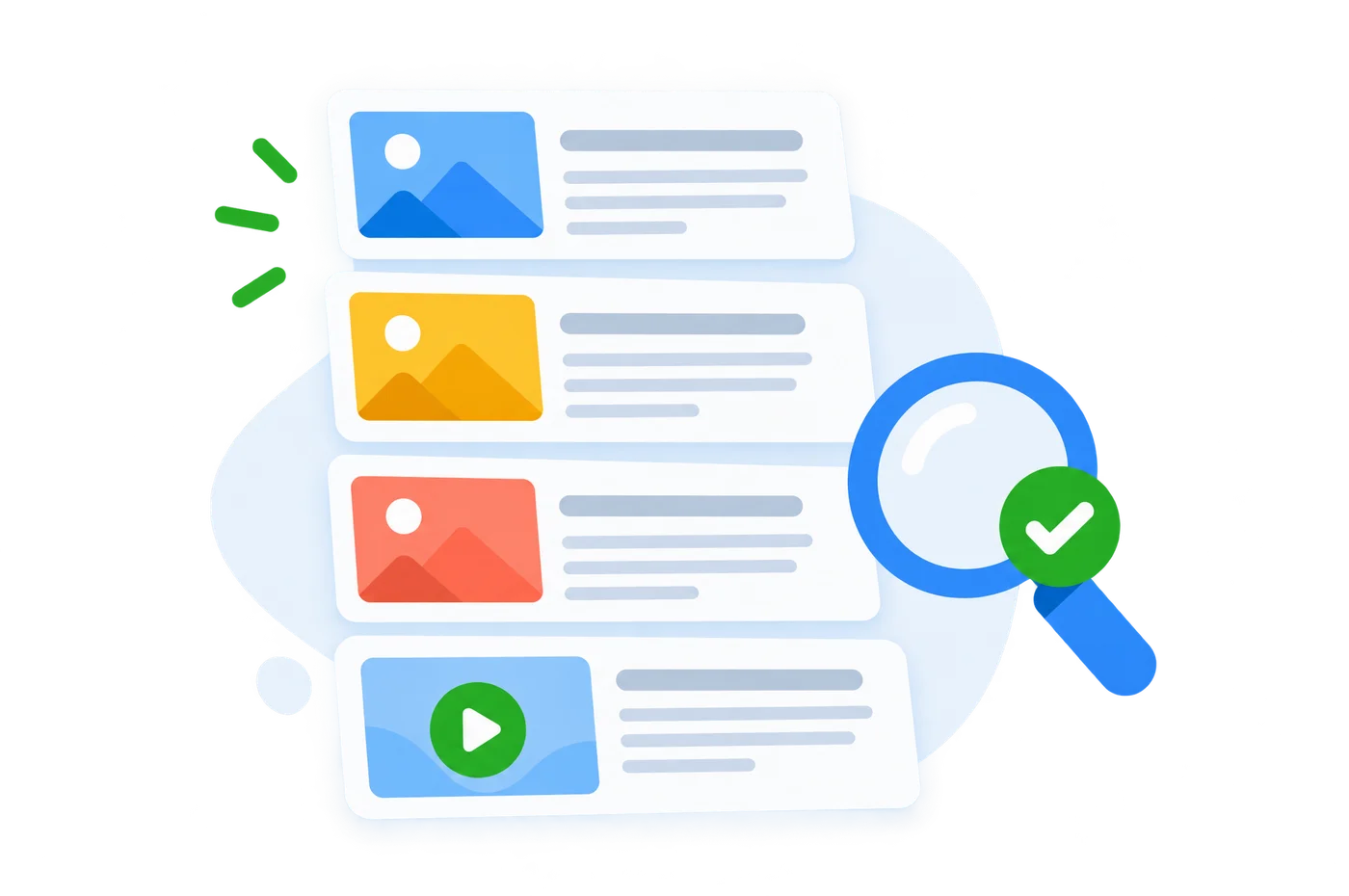 Illustration of article and video cards with a search check