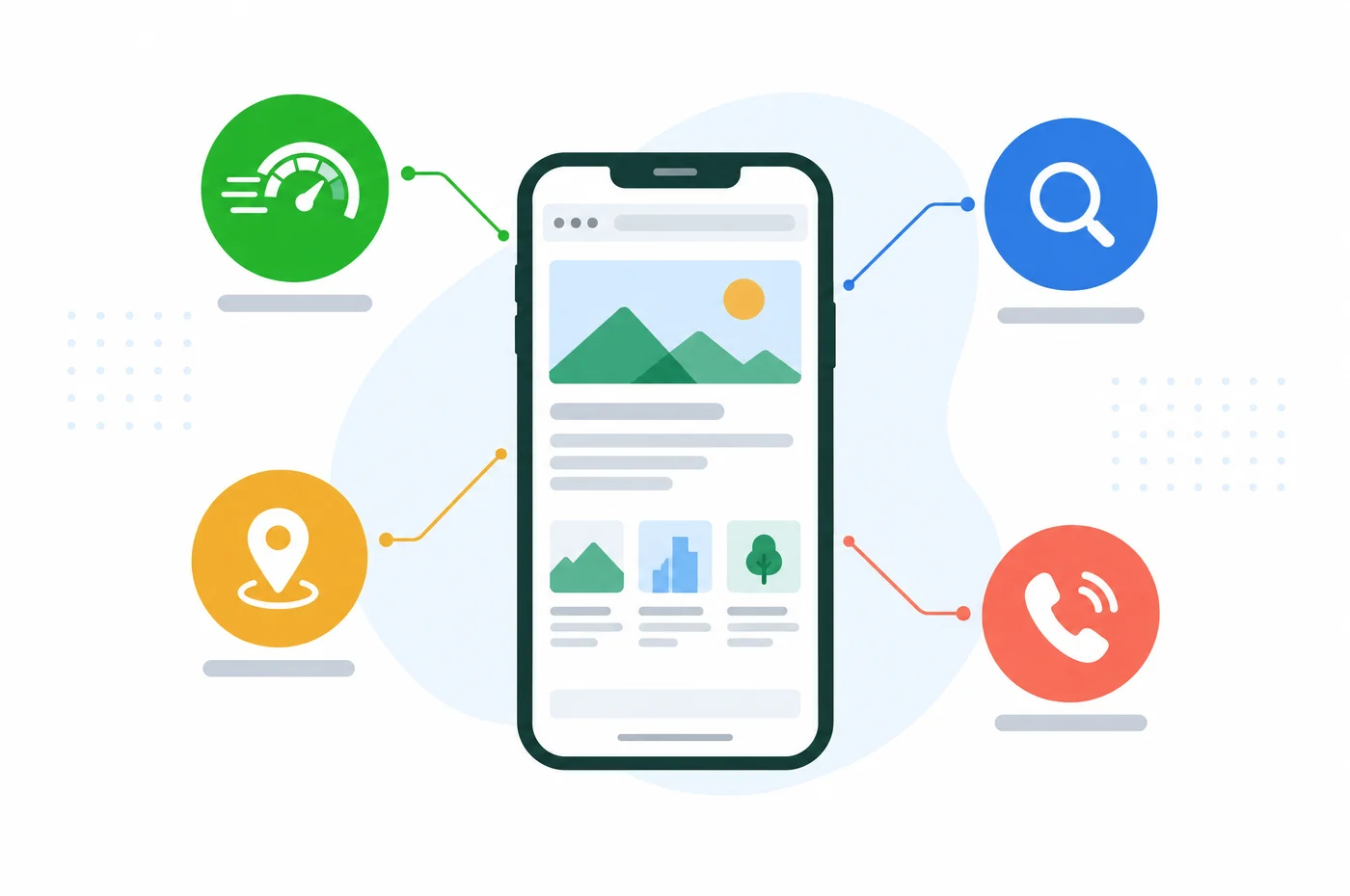 Illustration of a fast mobile website with speed, search, map and phone badges