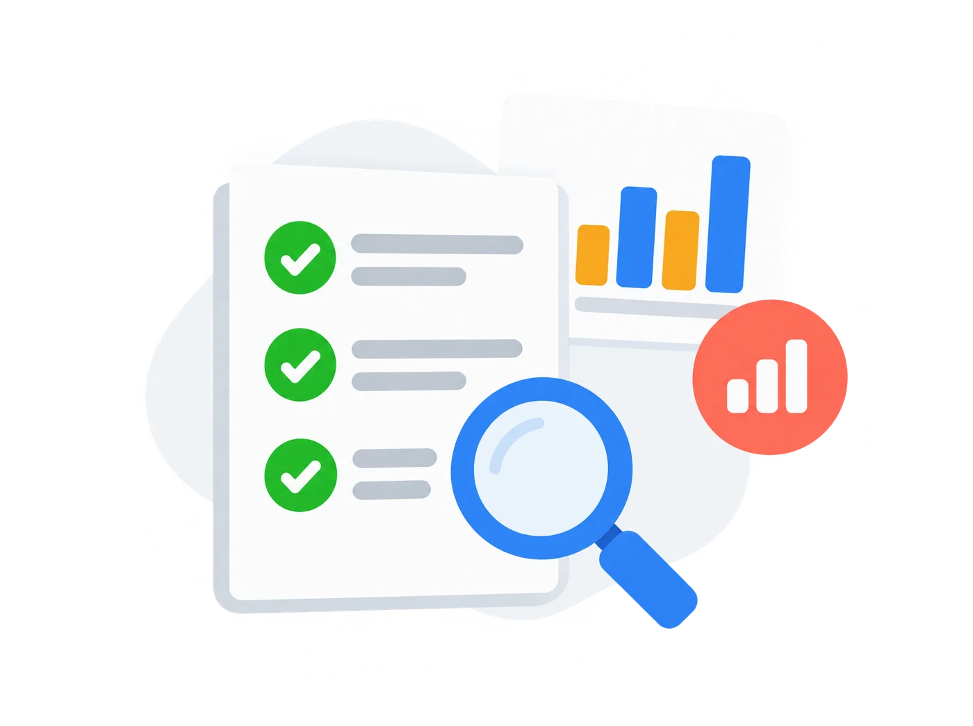 Illustration of a growth audit report with a checklist and magnifying glass