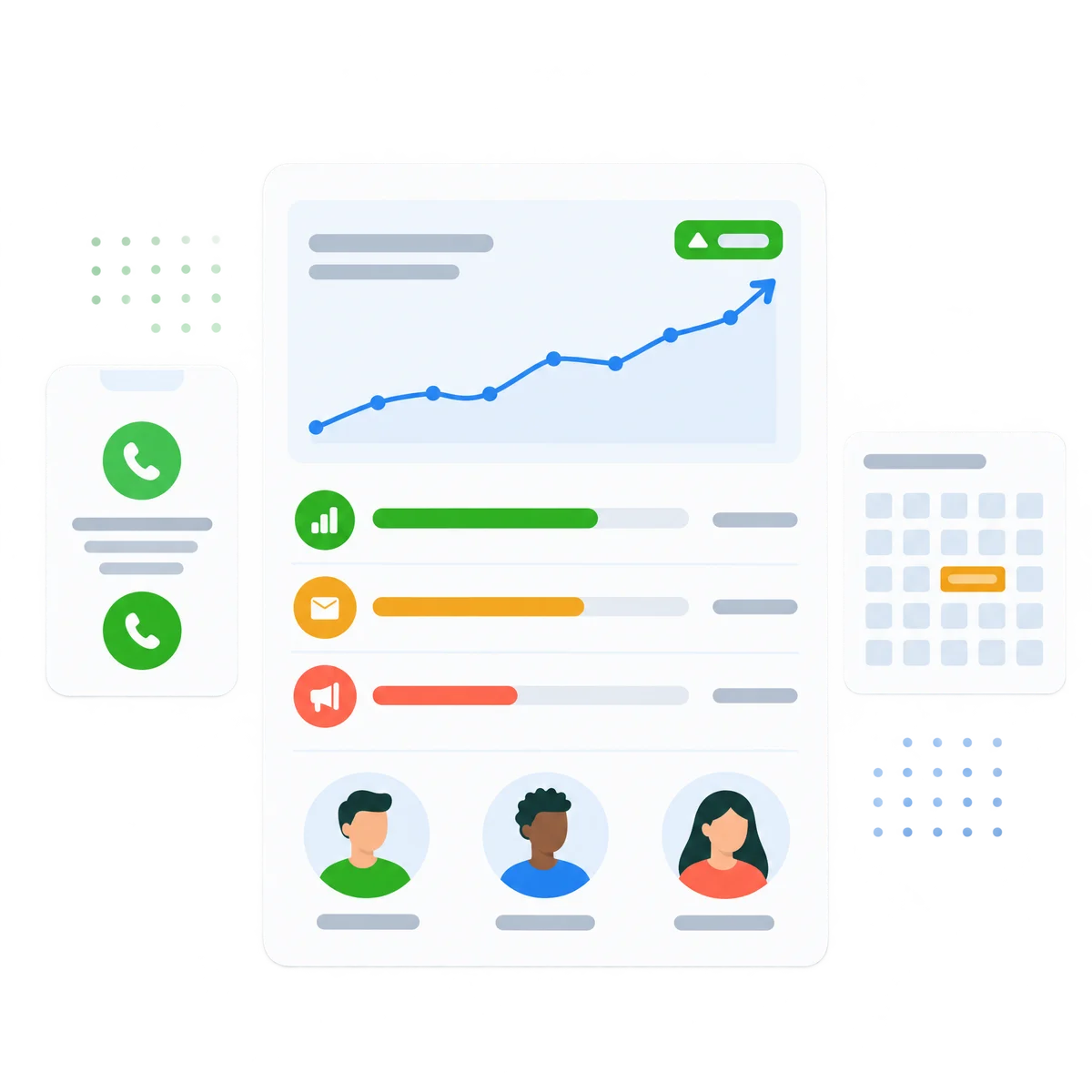 Illustration of a growth dashboard with revenue chart, call notification and booked calendar