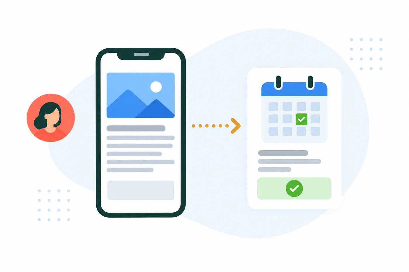 Illustration of a reader moving from an article to a booked call