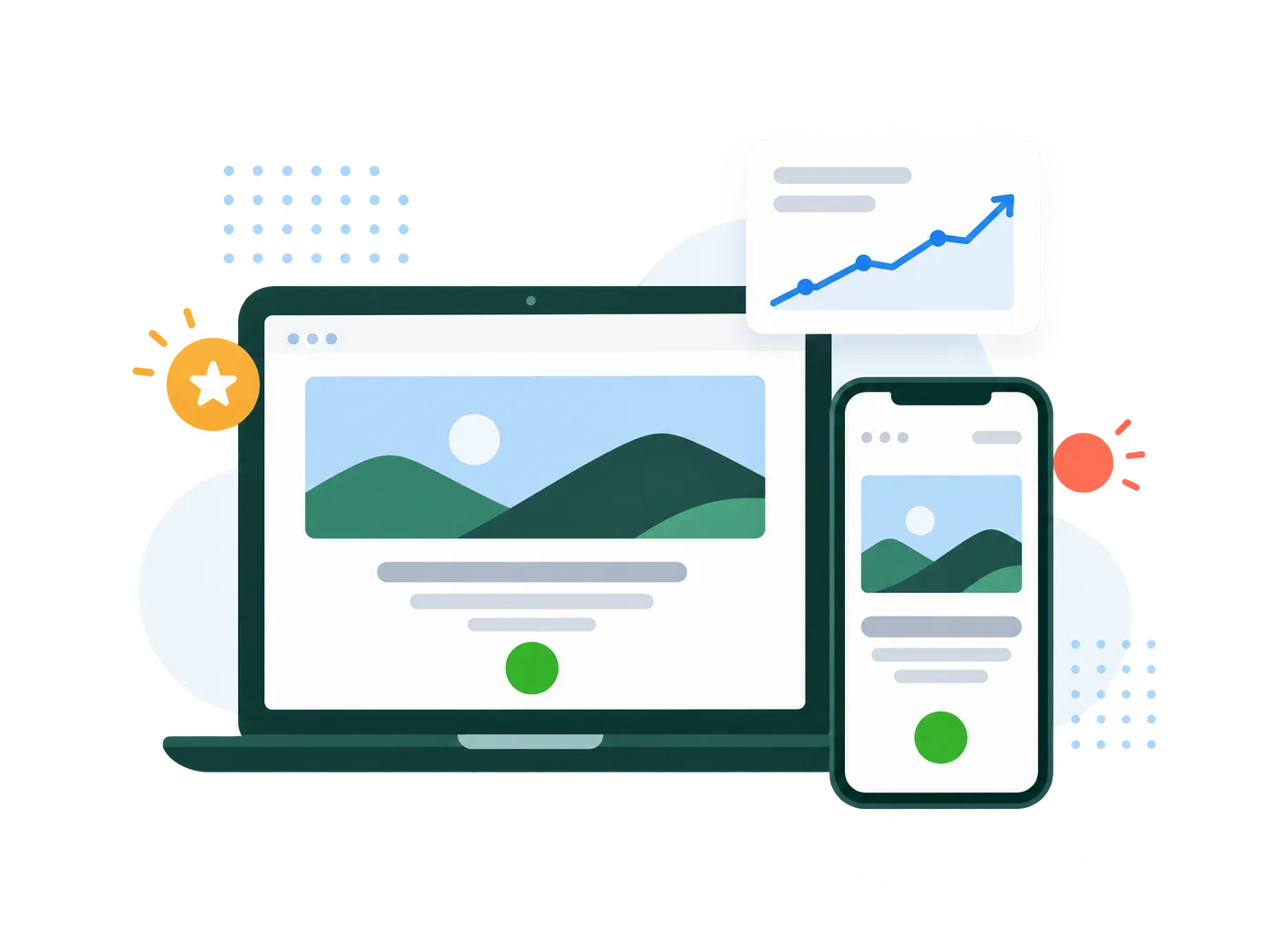 Illustration of a website on a laptop and phone with a call button and growth chart